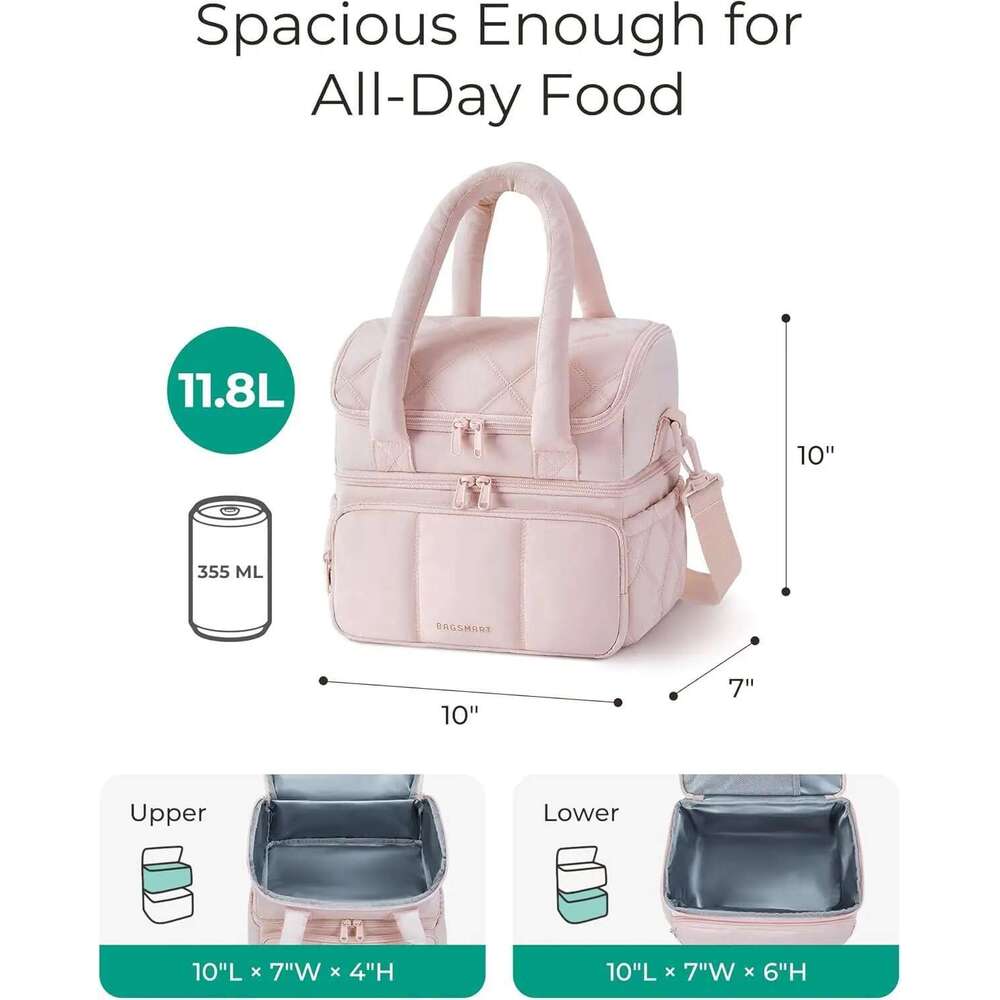 BAGSMART Bag Women Double Deck Insulated Lunch Box Quilted Puffer Tote Leakproof Reusable Large Cooler For Work School