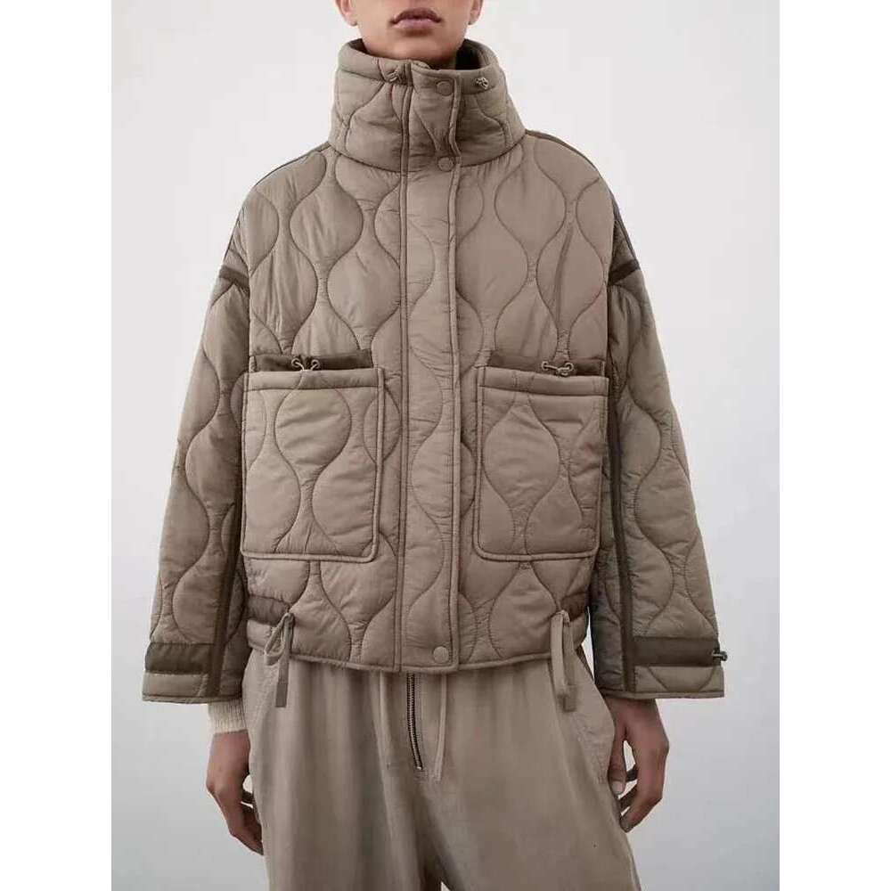 TRAF Women's New Fashion Warm Cotton Fall And Winter Standing Collar Long Sleeve Front Zipper With Buttons Vintage Jacket