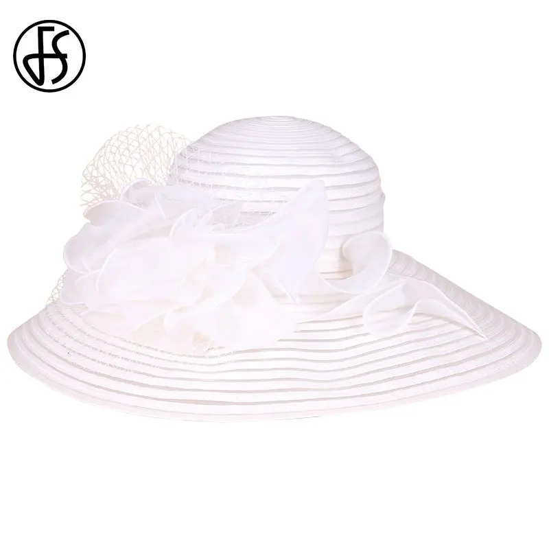 FS Black White Elegant Church Wedding Straw Hats For Women Ladies Flowers Large Brim Fedora Hat Sun Kentucky Party Derby 250512