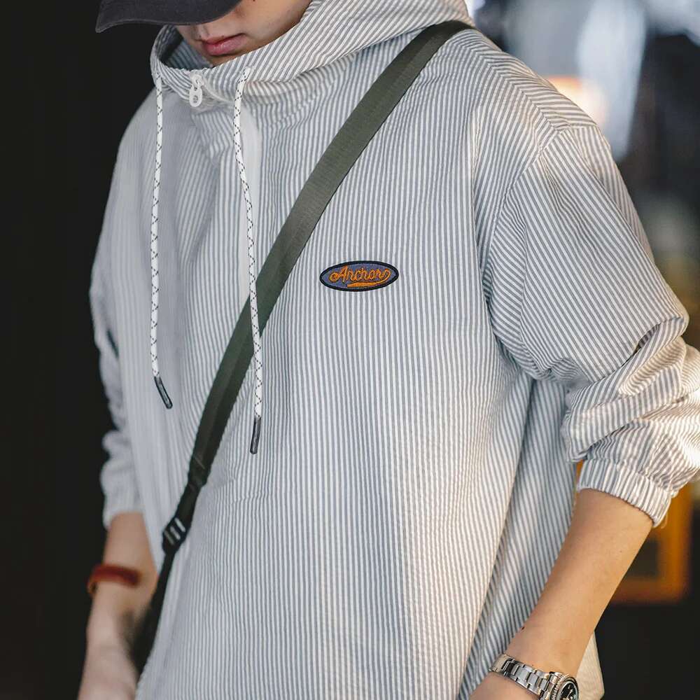 Maden Men Hooded Sweatshirt Gray White Striped Seersucker Pullover Top Spring And Summer Breathable Men's Clothes Hoodies Designer