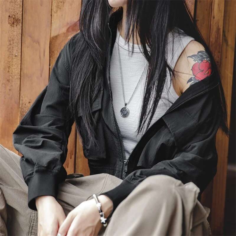 Maden Bomber for Women Black Casual Crease Short Coat Turn-down Collar Jackets Retro Autumn Tops Motorcycle Jacket