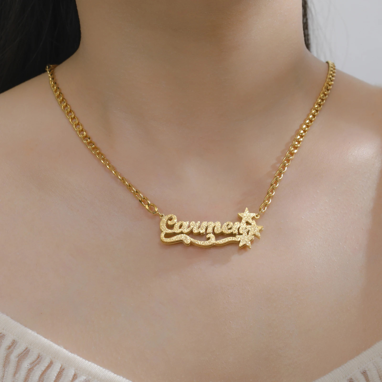 Dreamtimes Custom Gold and Silver Bling Double layered Name Necklace Personalized Name Sand Blasting Stainless Steel Jewelry 250512
