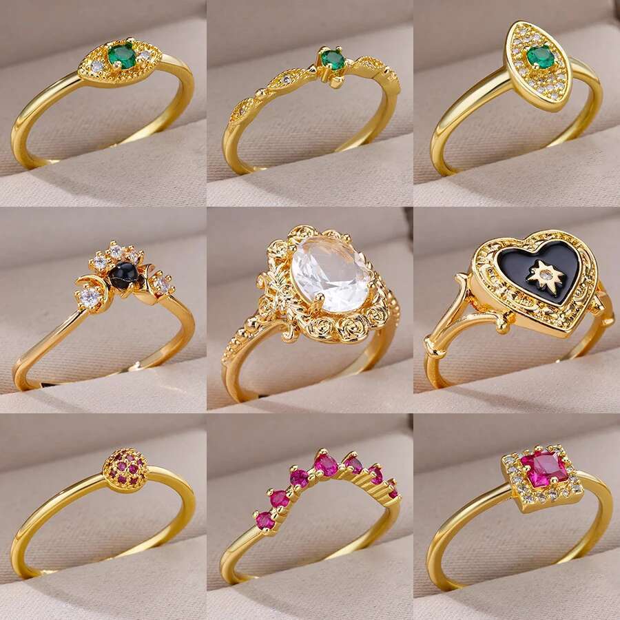 Gold Color Stainless Steel For Women Colorful Cubic Zircon Heart Opening Adjustable Ring Fashion Jewelry Wedding Gift