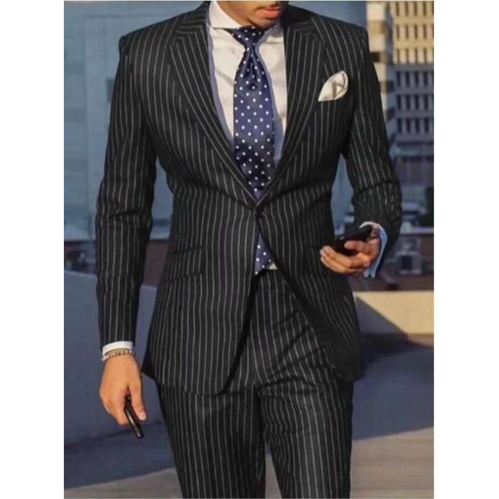 Navy Blue/Black Striped Men Suits Slim Fit Notch Lapel Single Breasted Wedding Groom Tuxedos 2 Piece Business Set (Jacket+Pants)