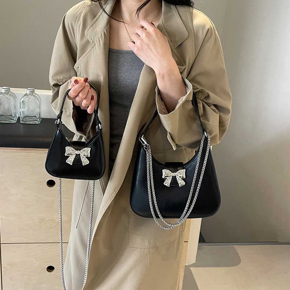 Women Luxury Shoulder Bag with Bow Fashion Underarm Bag PU Leather Simple Satchel Bag Solid Color Female Dating BagXJ250512