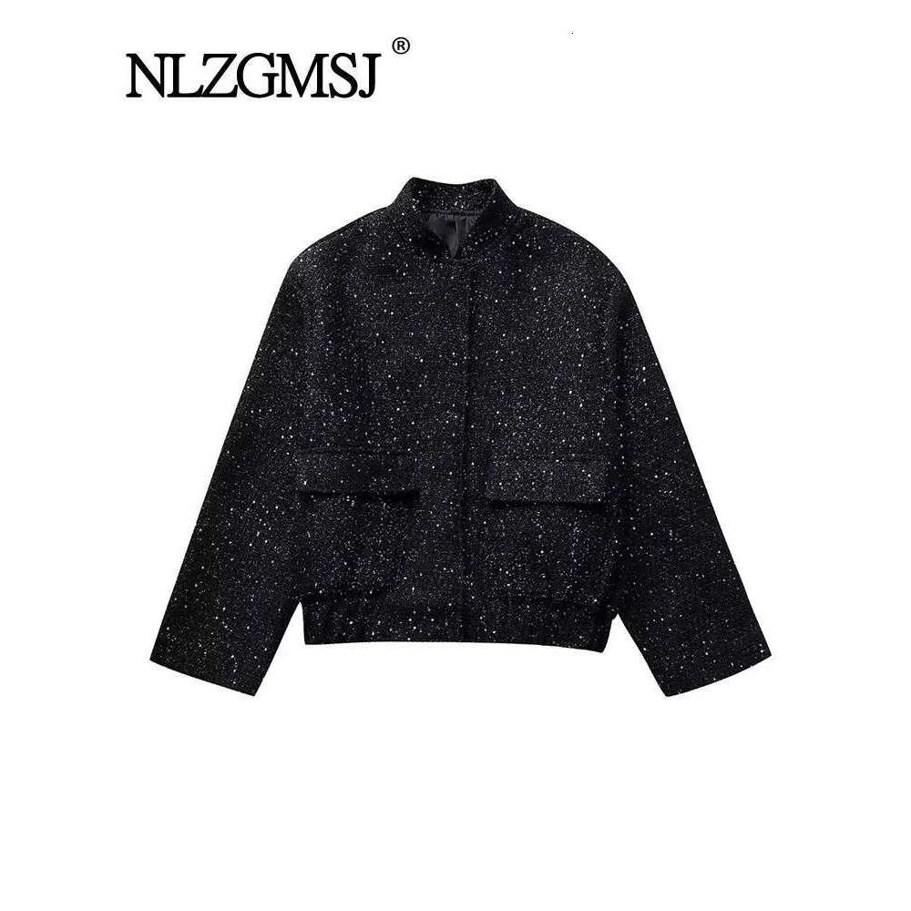 Nlzgmsj Women Shiny Sequin Jacket Y2k Gold Color Stand Collar Long Sleeve Short Coat Autumn Winter Ladies High Streetwear