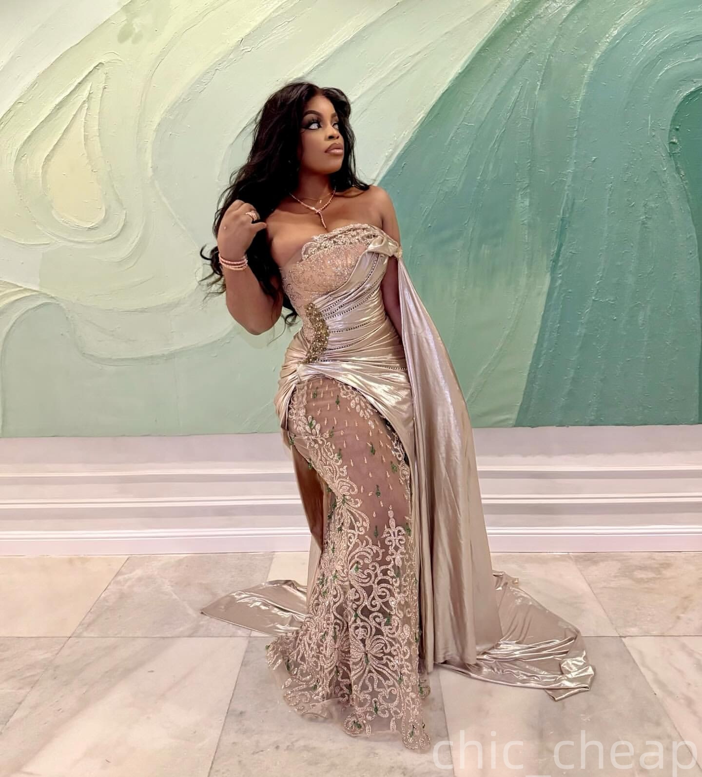 Champagne Mermaid Plus Size Prom Dresses 2025 Lace Crystals Satin Strapless Evening Formal Party Second Birthday Engagement Gowns Dress For Special Oc