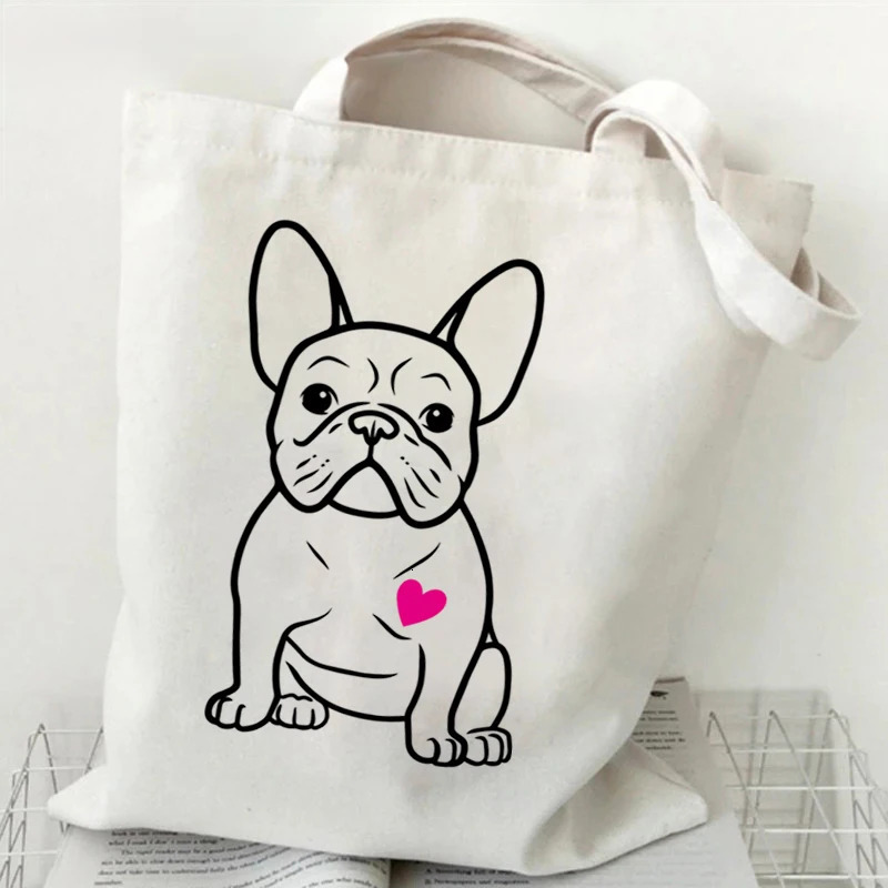 French Bulldog Heart Printed Womens Handbag with Animal Lover n Canvas Shopping Bag Reusable Shoulder 250428