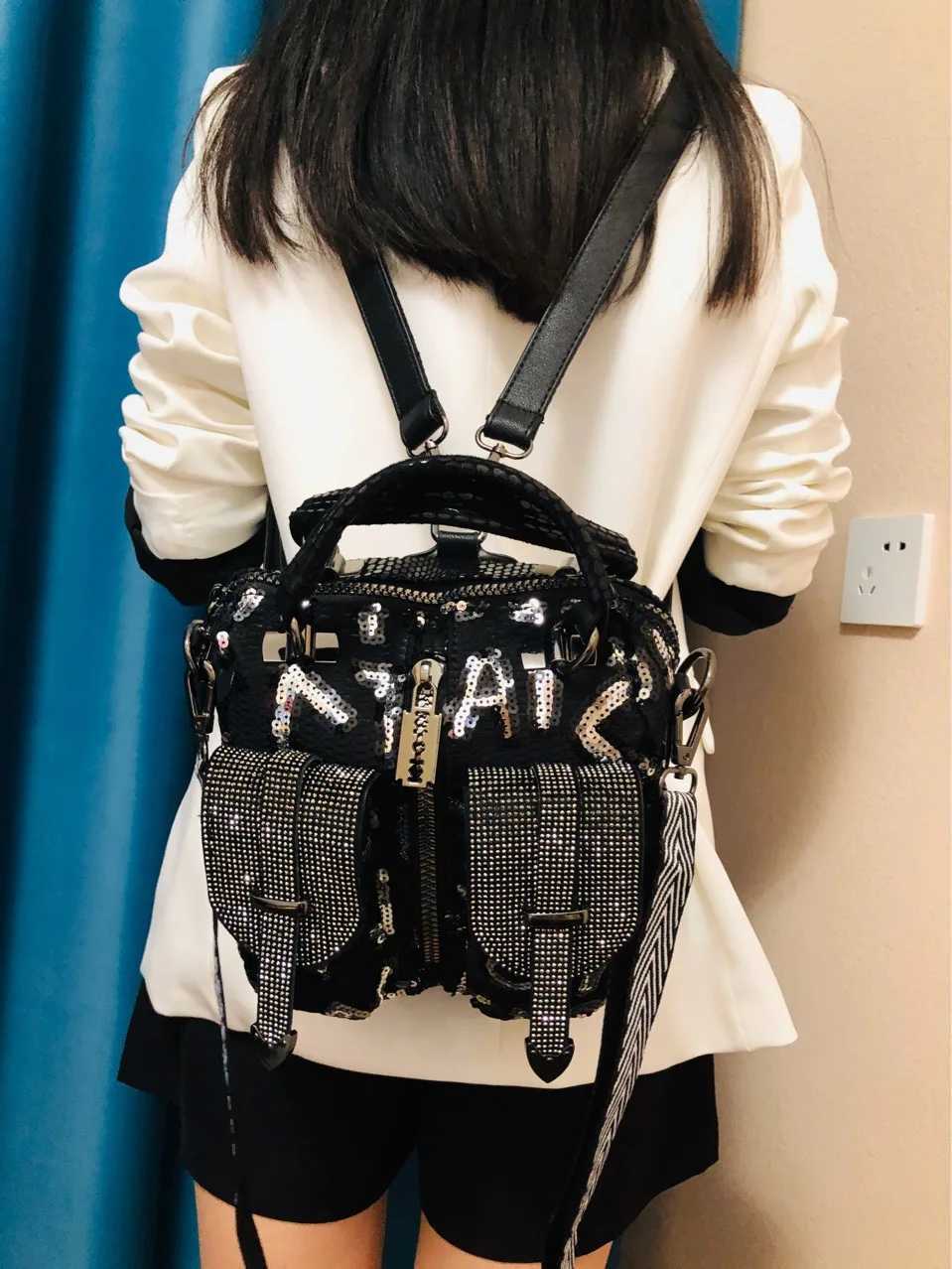 Lady Paillette Mesh Cloth Roomy Rhinestone Pockets Backpack Women Trends Convertible Big Capacity Satchel Everyday Work Daypack Z250512