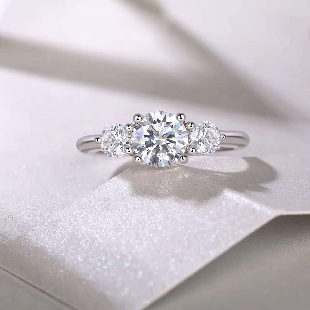 Stunning round bright cut three stone magnesite ring, made of pure silver, suitable for women (sizes 5-9)