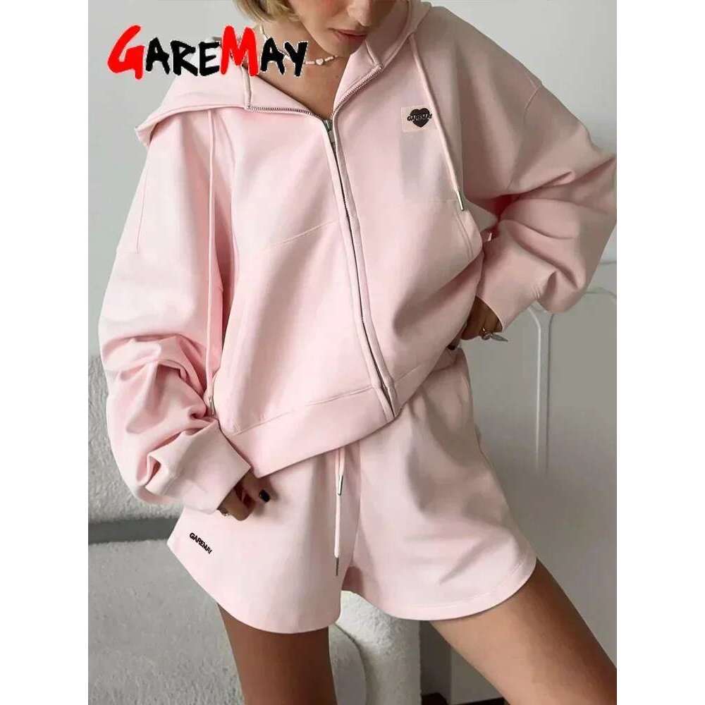Spring Women's Summer Suit Cotton Oversize Pink Top and Set Two-piece Casual Tracksuit with Shorts for Women