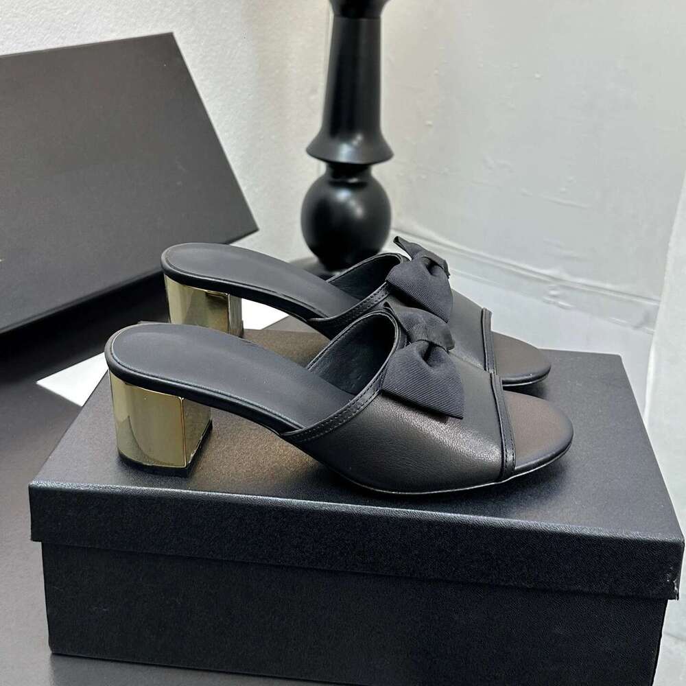 Women Size34-41 Genuine Leather Slippers High Heels Butterfly Knot Pumps Summer Slides Designer Shoes Zapatillas De Mujer