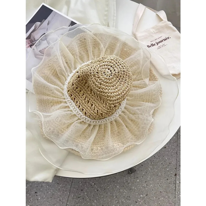 Womens Summer Straw Bucket Hat Foldable Fisherman Cap Large Brim UV Protection for Beach Kawaii Fashion 250512