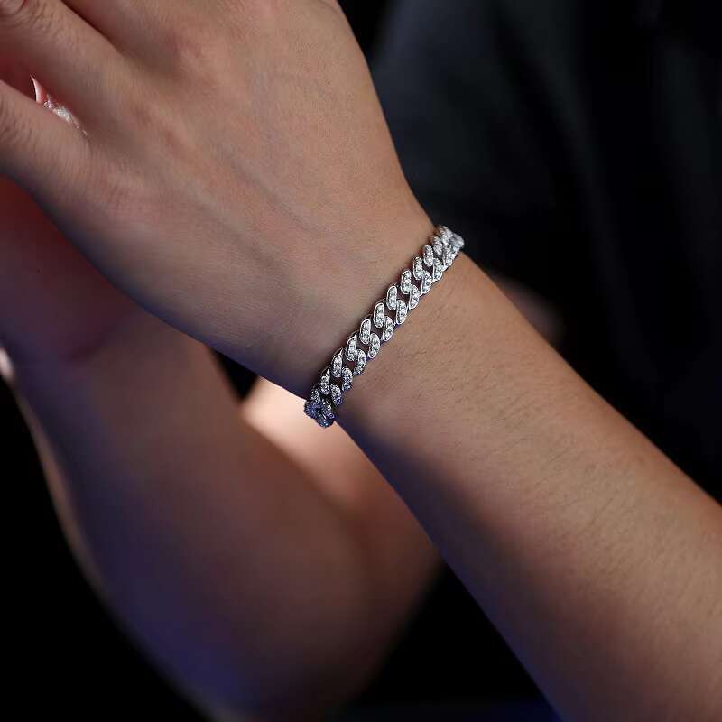 S925 Sterling Silver Gold Plating Moissanite Cuban Bracelet for Men and Women Luxury Inlaid Gemstone Wedding Bracelet Jewel