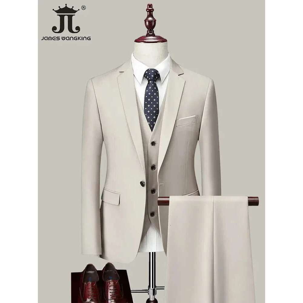 M-6XL ( Jacket+Vest+Pants ) Brand Solid Color Formal Office Business Men's Suit Groom Wedding Dress Party Male Casual Suits