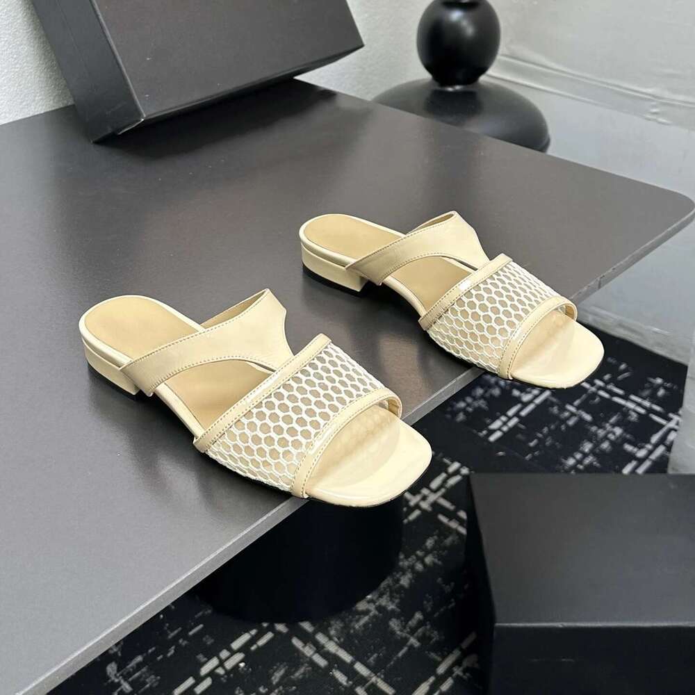 New Women Size35-41 Genuine Leather Slippers Low Heels Mesh Solid Colors Summer Slides Designer Shoes Zapatillas De Mujer