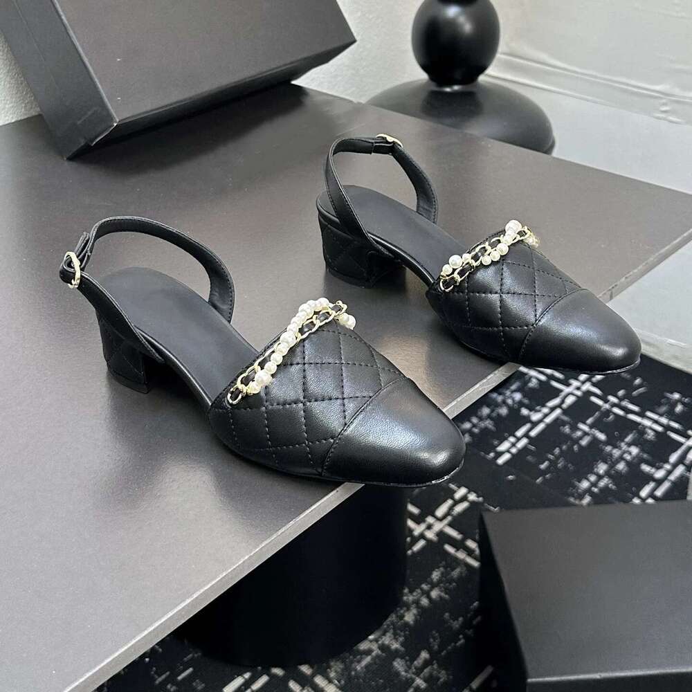 Women Size35-41 Genuine Leather Pumps Slingbacks Med Heels Pearl Chain Sandals Sewing Designer Shoes Zapatillas De Mujer