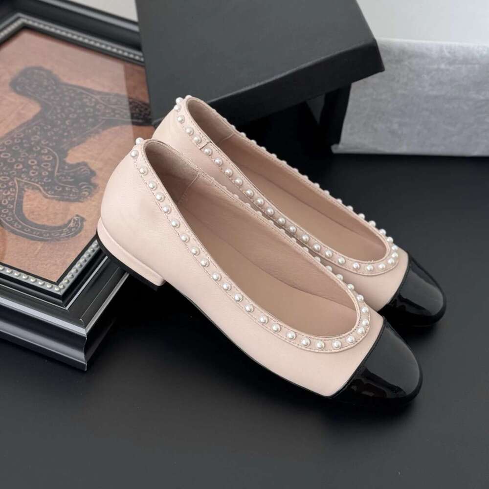 Women Size35-41 Genuine Leather Ballet Flats Pearls Natural Cow Suede Round Toe Slip On Designer Shoes Zapatillas De Mujer