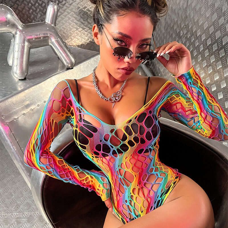 Patent Leather Sexy Lingerie Mesh Lingerie Rainbow Sexy Display Big Pure Desire Transparent Tight Fitting Mesh Suit KQ