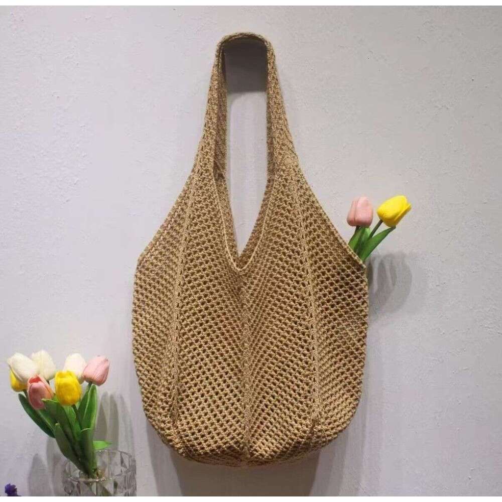Red Romantic Holiday Travel Knitted Shoulder Mesh Carving Handbag Simple Weaving Bag