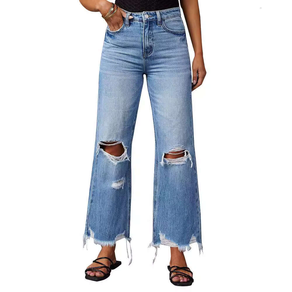 2025 New Wide with Tassel Washed Tie Dyed Ripped Hole High Waisted Jeans Straight Leg Casual Pants for Women New Arrival Fashionable Printing