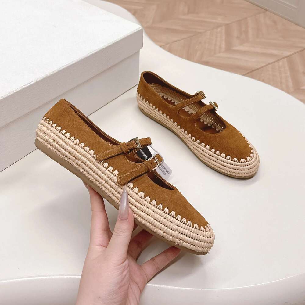 Women Size35-41 Natural Cow Suede Flats Mary Janes Flat Platform Weave Genuine Leather Designer Shoes Zapatillas De Mujer