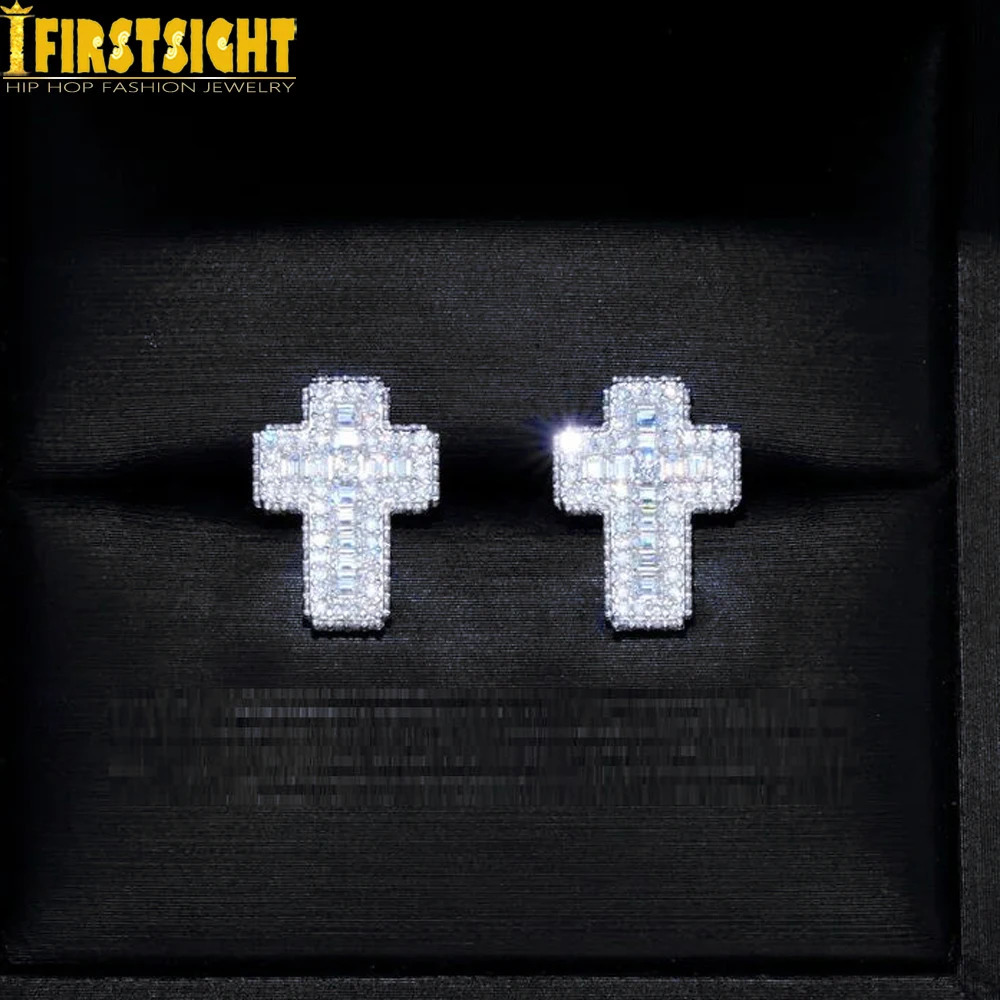 Punk Cross Stud Earring for Men Iced Out Zirconia Hip Hop Gold Color Womens Men Fashion Jewelry 250512