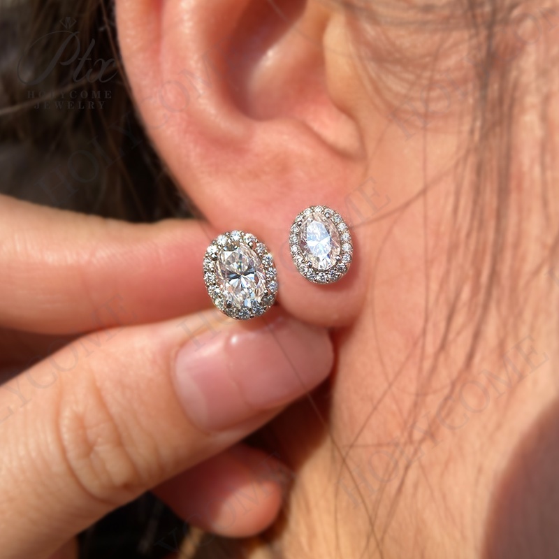 Oval Shaped Halo Moissanite Stud Earrings Pendant Necklace Set 1 Carat White Gold Finish 925 Sterling Silver for Bridal Jewellery