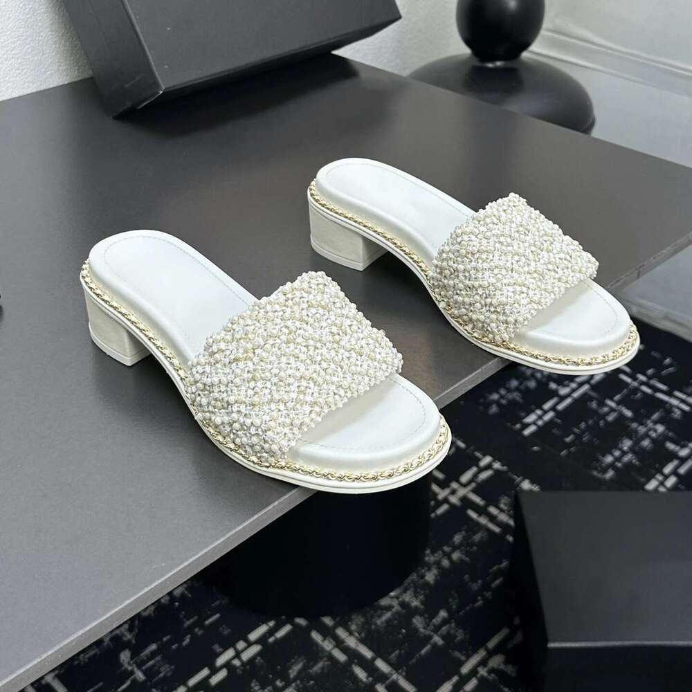New Women Size35-41 Genuine Leather Slippers Med Heels Chain String Bead Summer Slides Designer Shoes Zapatillas De Mujer