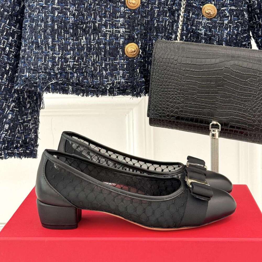 New Women Genuine Leather Pumps Med Heels Butterfly Knot Mesh Round Toe Slip On Party Designer Shoes Zapatillas De Mujer