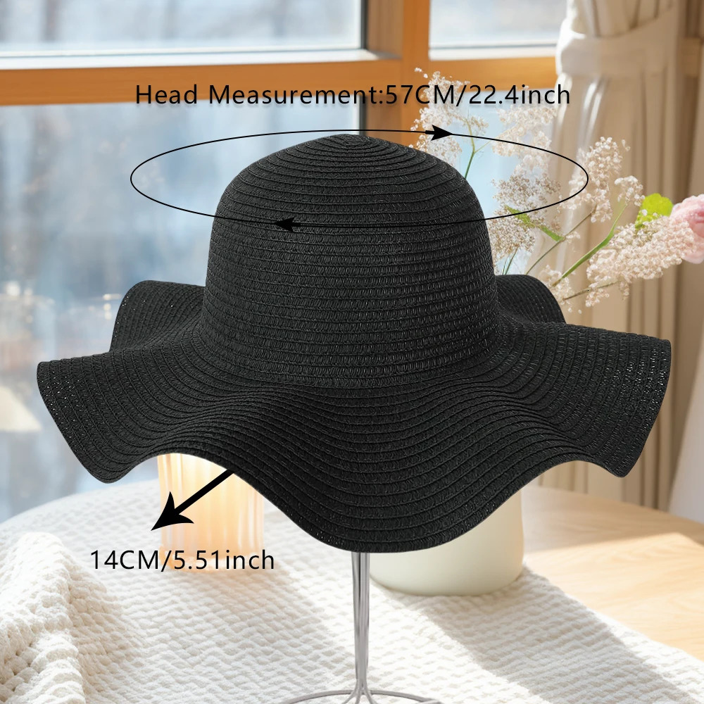 Summer Simple Solid Color Wave Edge Straw Hat for Womens Outdoor Vacation Sunscreen Big Brimmed Sunshade 250512
