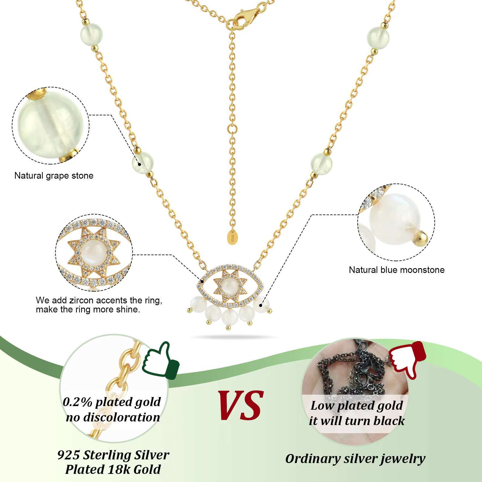 Gold plated necklace, natural crystal stone pendant jewelry, women's evil eye necklace