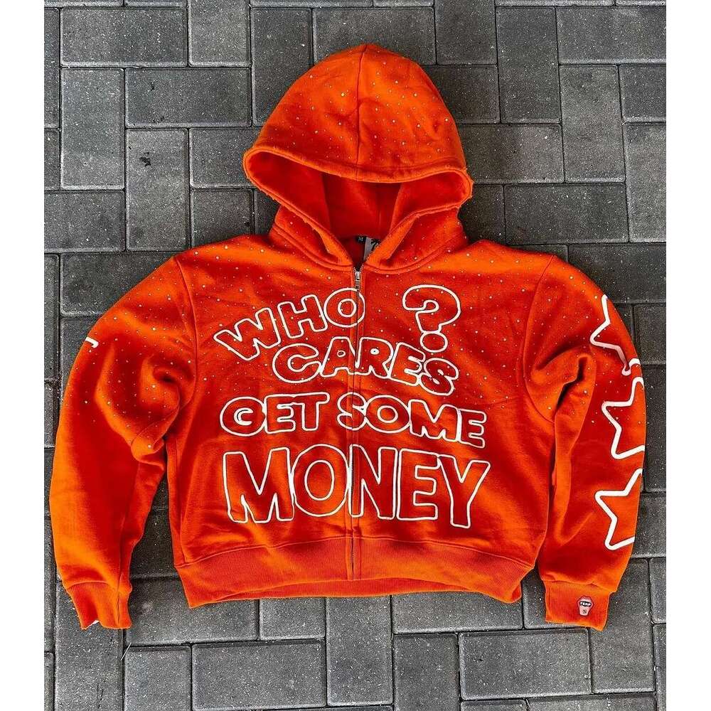 2024 American New Trend Who Cares Get Some Money Printed Zipper Sweater Men's And Women's Y2k Haruku Hip Hop Goth Casual Coat Designer