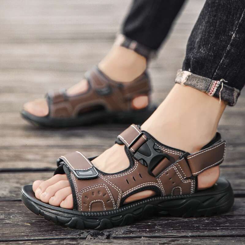 Summer PU Leather Lightweight Open Toe Flat Mens Casual Outdoor Walking Sandals for Men Beach Shoes Size 39-46