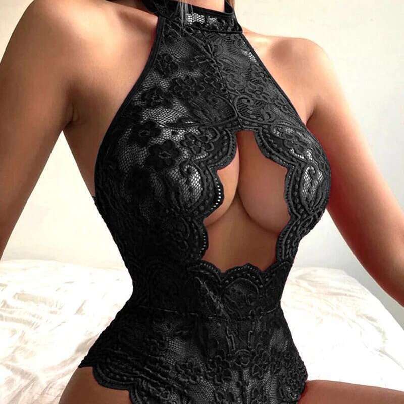Patent Leather Sexy Lingerie Hot Selling Lingerie Jumpsuit With Sexy Lace Lace Open Cut Exposed See Through And Non Removable Features KQ