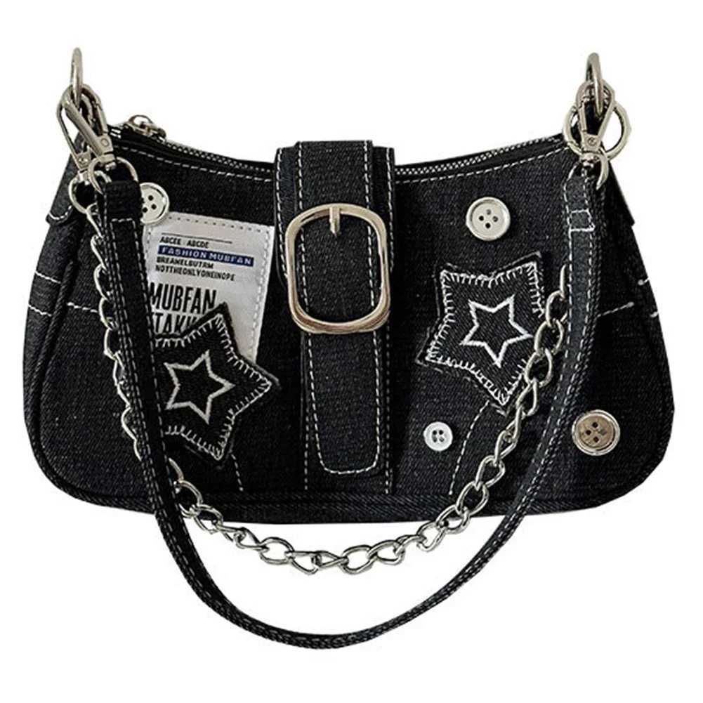 Women Cool Style Tote Purse Large Capacity Y2K Star Denim Underarm Bag Vintage Armpit Bag Solid Color Simple Commuting BagXJ250512