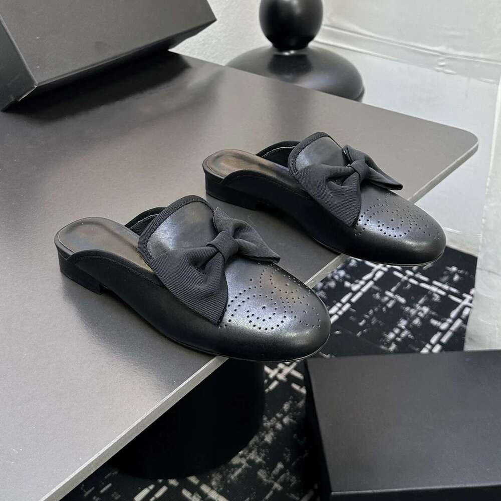 New Women Size34-41 Genuine Leather Mules Low Heels Butterfly Knot Slippers Round Toe Designer Shoes Zapatillas De Mujer
