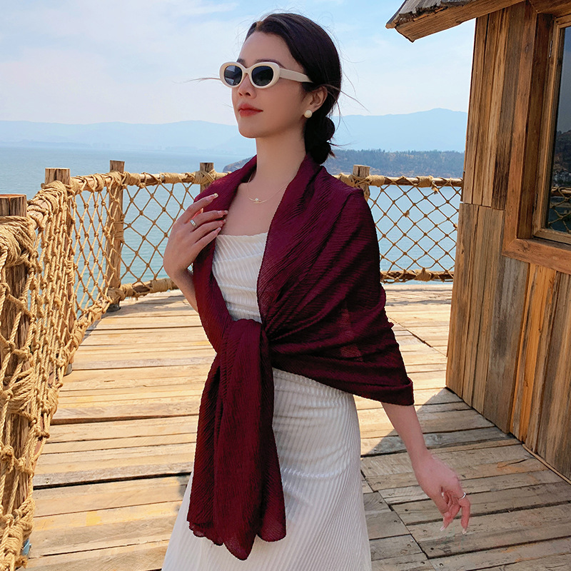 K694 Casual all-match personality pullover silk scarf wire wrinkle solid color minimalist comfortable breathable travel wear shawl large silk scarf
