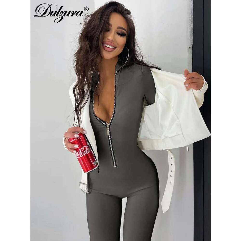 Dulzura Autumn Winter Women Solid Long Sleeve Zipper Jumpsuit Skinny Sexy Streetwear Casual Rompers Sportswear