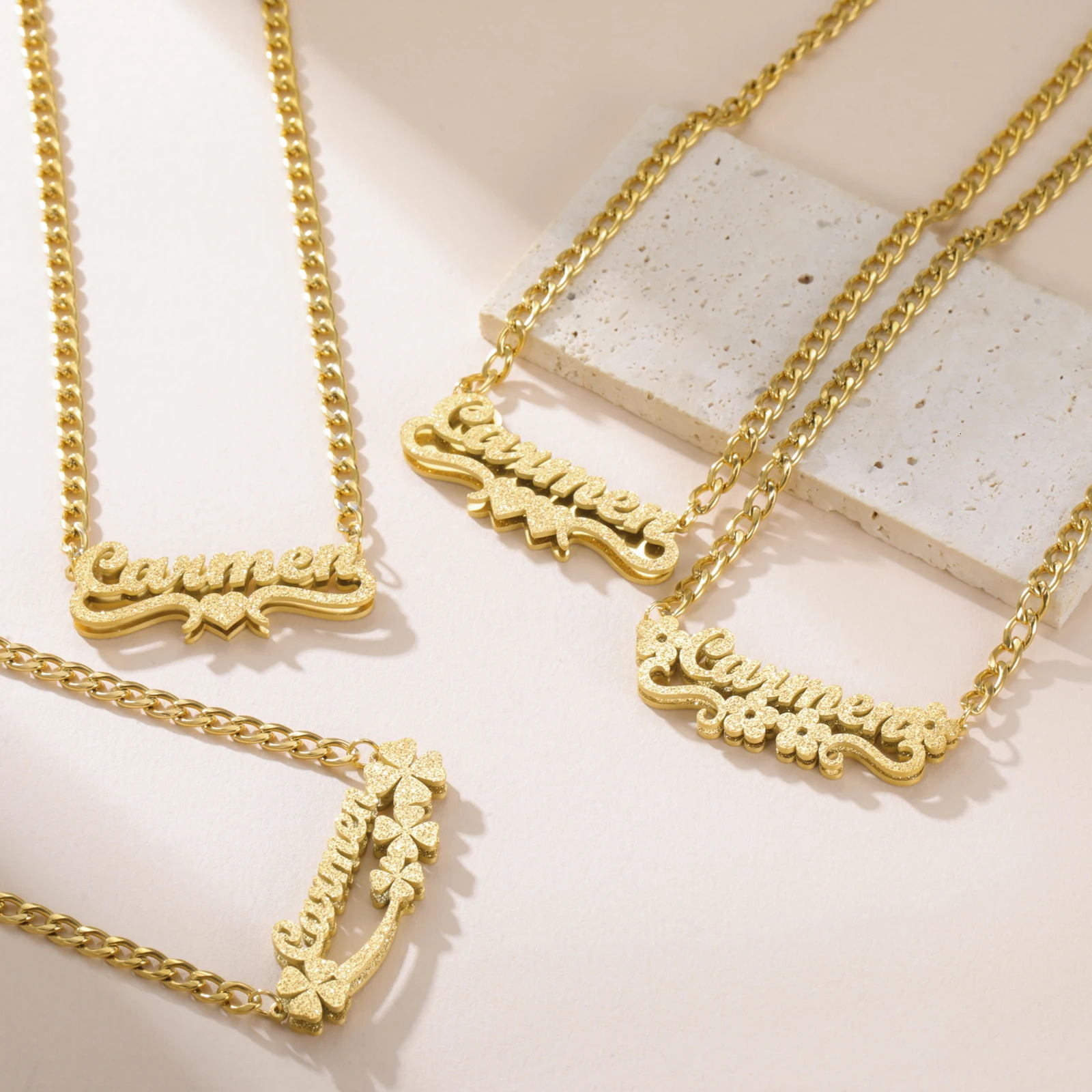 Dreamtimes Custom Gold and Silver Bling Double layered Name Necklace Personalized Name Sand Blasting Stainless Steel Jewelry 250512