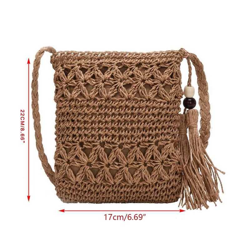 Women Beach Woven Straw Shoulder Messenger Bag with Tassel Boho Hollow Out Crochet Crossbody Handbag Macrame Purse Z250512