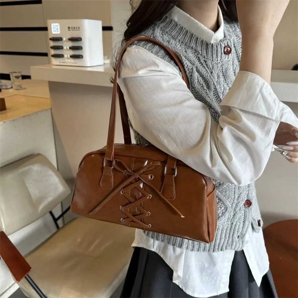 French Style Bow Ribbons Bowling Bag Elegant PU Leather Boston Shoulder Bag Large Capacity Casual Women Handbags Underarm BagW250512