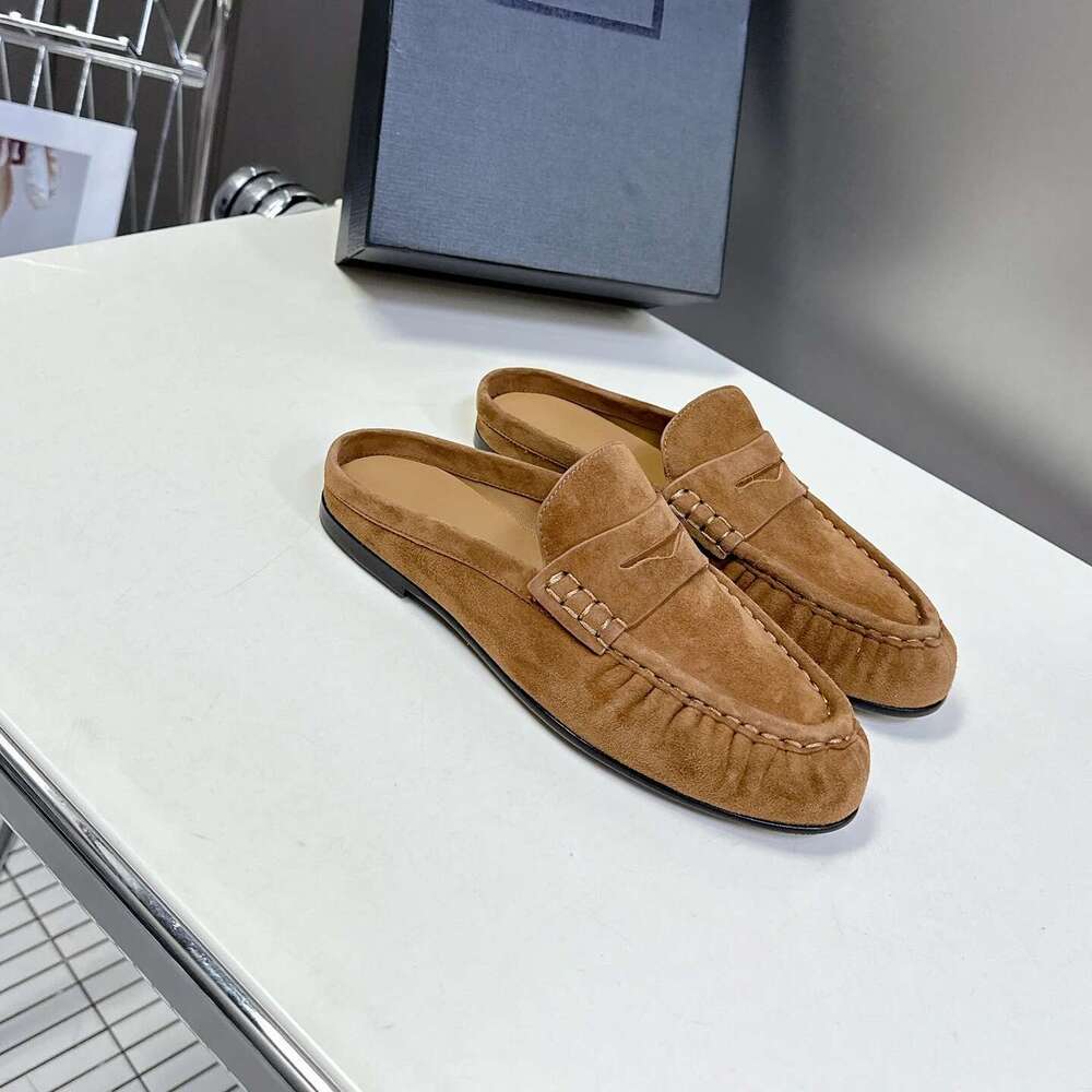 New Women Genuine Leather Mules Low Heels Natural Cow Suede Slippers Pleated Round Toe Designer Shoes Zapatillas De Mujer