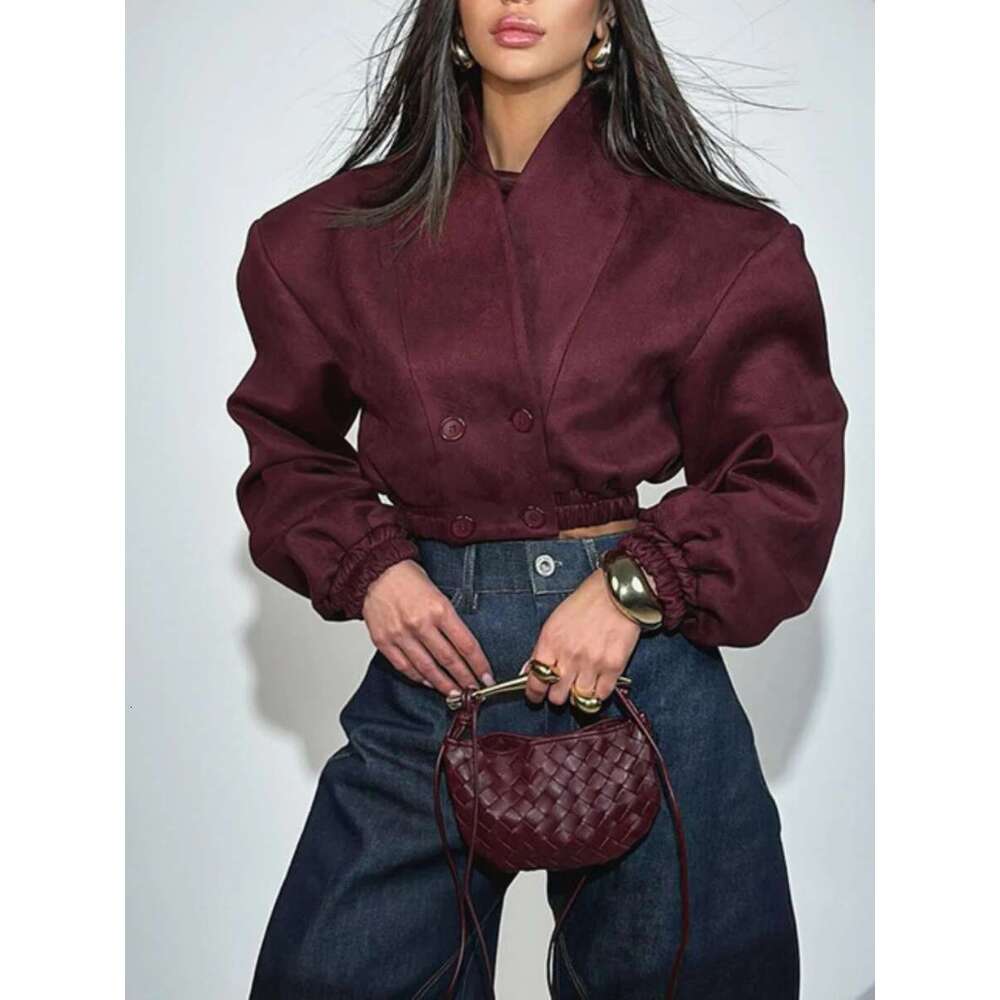 TWOTWINSTYLE Winered French Retro Slim Coats for Women V Neck Spliced Double Breasted Long Sleeved Short Jackets Female Fashion