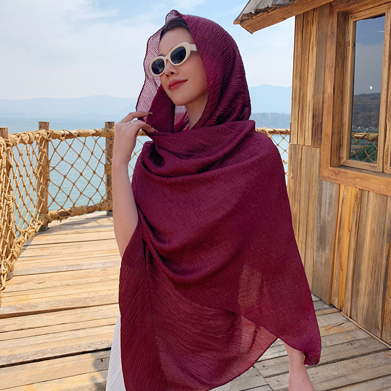 K694 Casual all-match personality pullover silk scarf wire wrinkle solid color minimalist comfortable breathable travel wear shawl large silk scarf