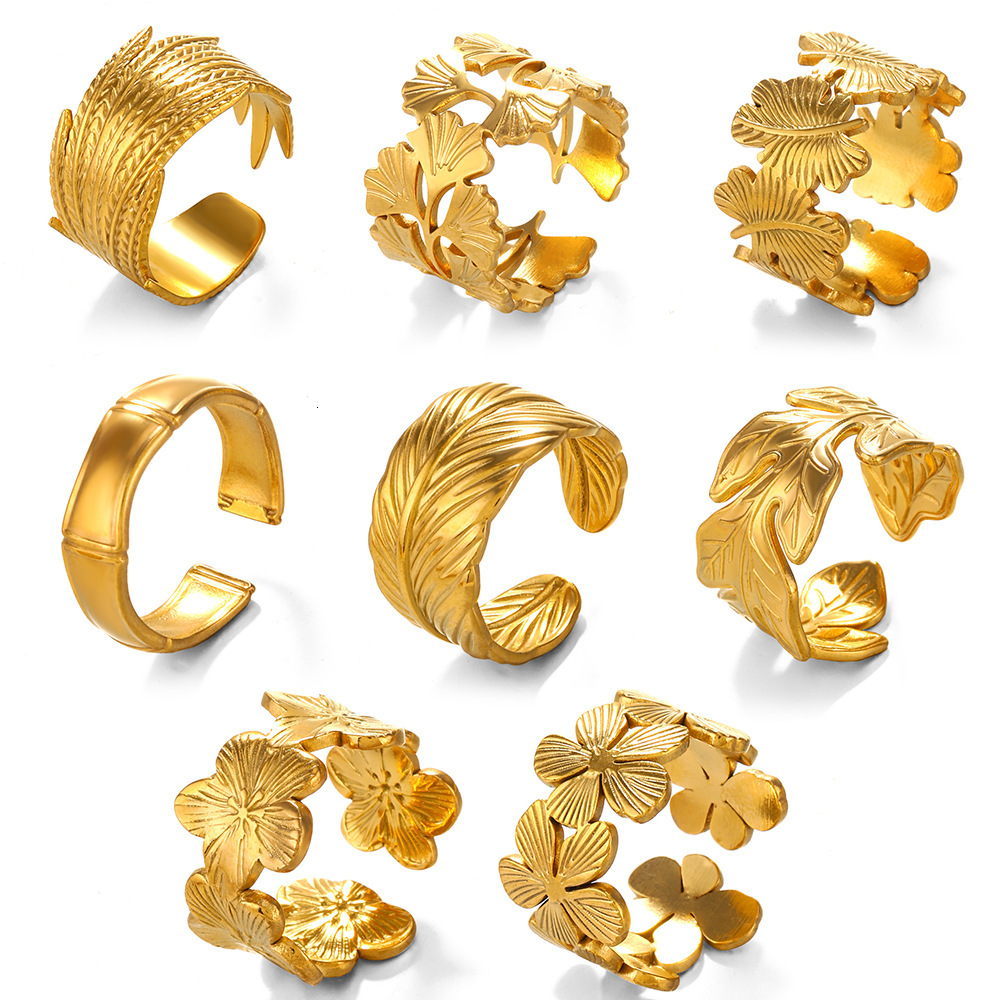 Popular, simple and fashionable stainless leaf ring, women's personalized , gold-plated flower titanium steel ring