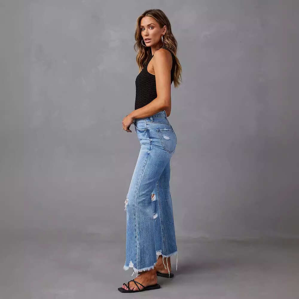 2025 New Wide with Tassel Washed Tie Dyed Ripped Hole High Waisted Jeans Straight Leg Casual Pants for Women New Arrival Fashionable Printing