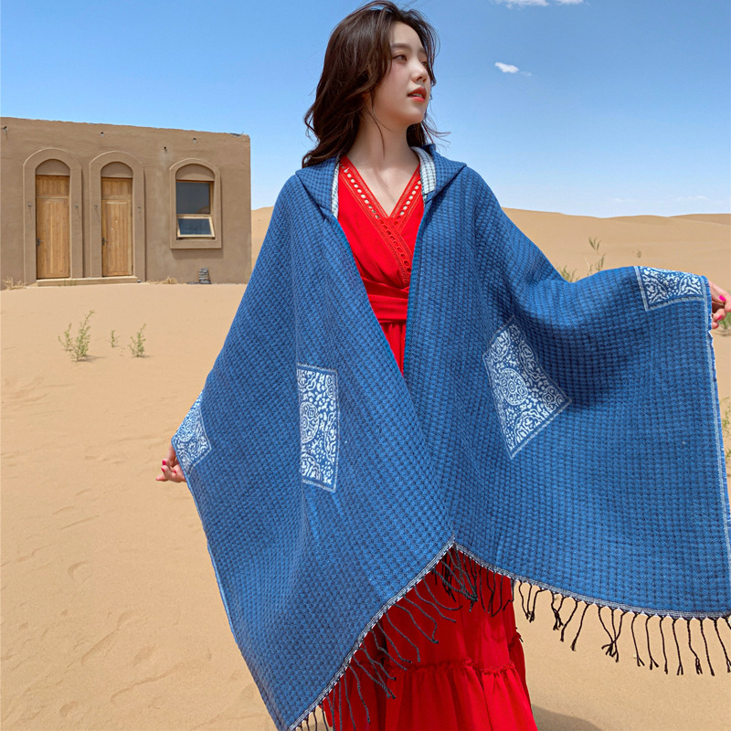 K695 Travel photography cape large shawl women autumn and winter outerwear sun protection hooded scarf red ethnic style knitted coat
