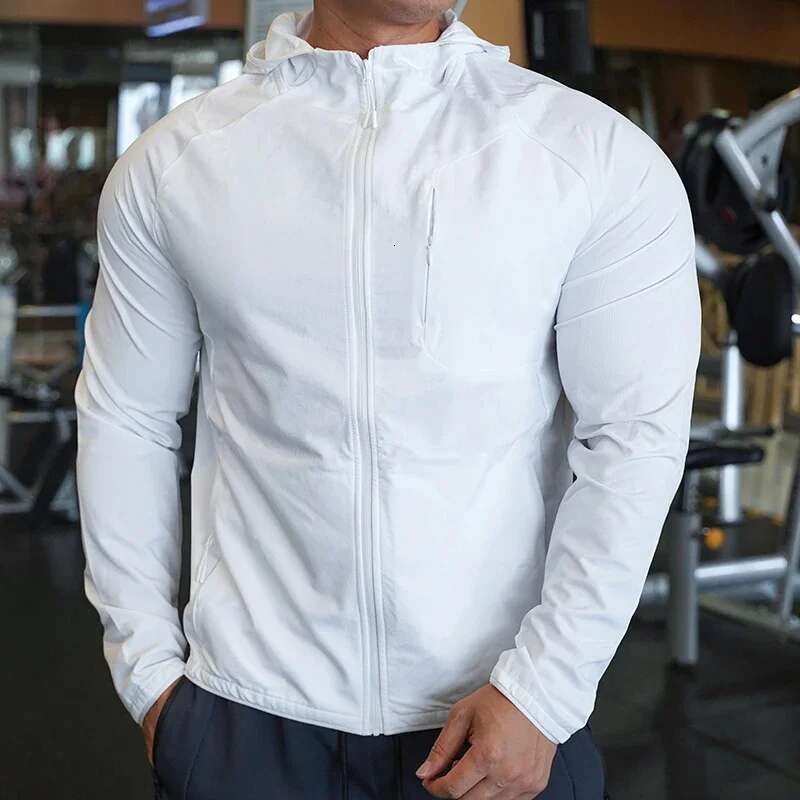 High Quality Nylon Sport Coat Mens Gym Fiess Hoodies Outdoor Workout Tops Hooded Training Running Zipped Jacket Clothes