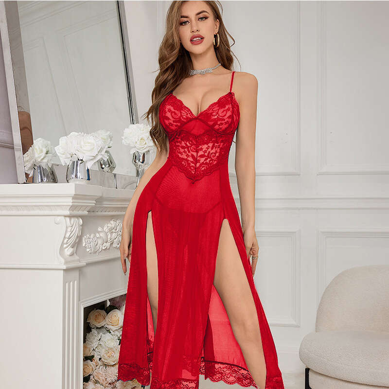 Patent Leather Sexy Lingerie Female Sleepwear Sexy Long Dress Erotic Uniform Pure Desire Lace Temptation Hot Slit No Take Off Underwear KQ